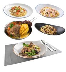 seafood pasta with big tiger prawn, scallop shell clam and mushroom in olive oil salted egg yolk paste sauce in plate on white marble table western spaghetti cuisine halal food hotel luxury cafe menu