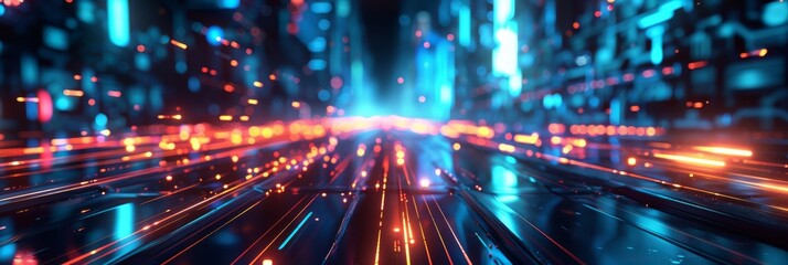 Vibrant cyber cityscape with neon lights and hightech visuals in futuristic setting