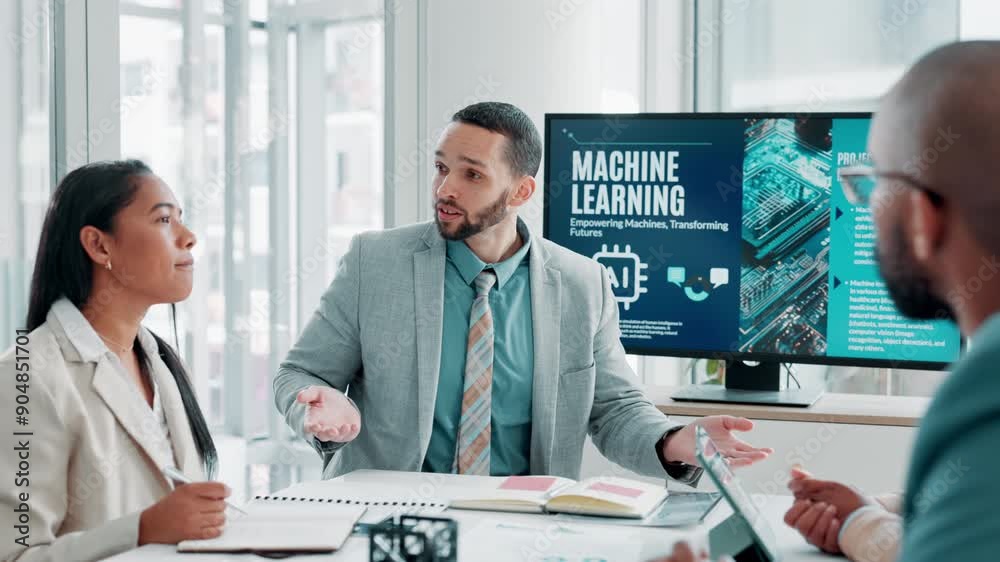 Poster ai, business people and team presentation on screen in meeting for coaching, stats or analysis in of