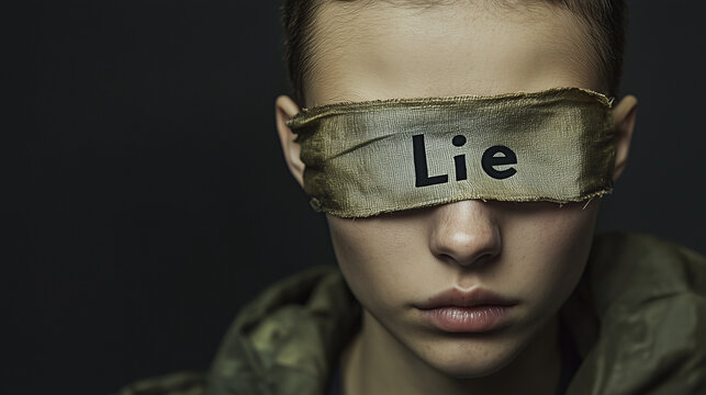 Lie cheat and deceive concept with female blind folded covering eyes with cloths isolated on dark background