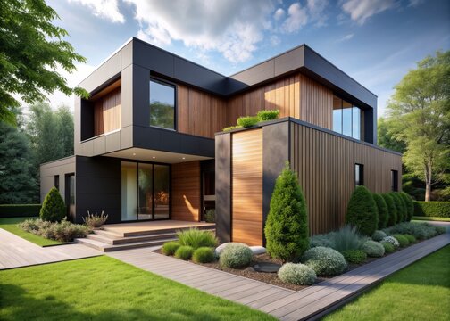 Modern cubic house with wooden cladding and sleek black panel walls stands amidst lush green front yard landscaping, showcasing luxurious contemporary architecture.