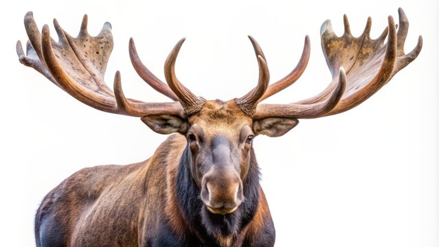 Majestic moose with impressive rack of antlers stands proudly alone, its brown fur and regal presence commanding attention against a clean transparent background.