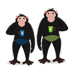 funny two monkeys drinking tea or coffee. vector illustration. 