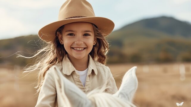 A young girl's first riding lesson, her joy and confidence radiating as she connects with the horse.