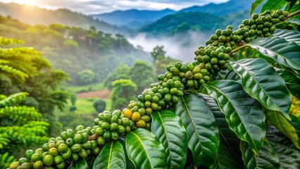 Ripe fresh green arabica coffee beans cluster on branches of lush coffee tree in misty mountainous plantation surrounded by vibrant foliage in Chiang Rai, Thailand.