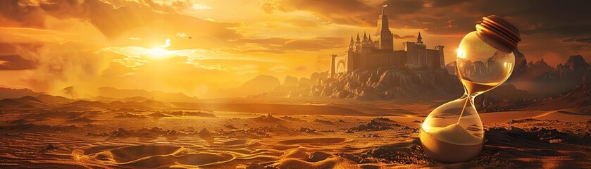 Enchanted hourglass in a desert, castle in the background, surreal scene, golden hour lighting, wideangle lens