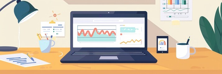A well-organized home office displays a laptop with a financial website, surrounded by tools including a smartphone, coffee cup, and documents with charts. Generative AI