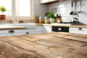 Rustic wooden table in cozy kitchen with farmhouse style decor