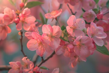 A detailed view of fully bloomed pink blossoms on a tree branch, Flowers in full bloom, filling the air with their sweet scent