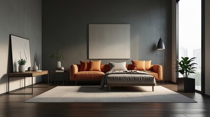 Aesthetic bright sunny elegant home living room interior design with comfortable lounge chair, hat, side table, flowers bouquet, shelf with decorations. interior design