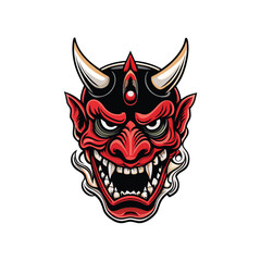 Vector illustration of a samurai hannya style mask with flat colors.