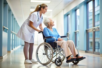 wheelchair, woman, disabled, senior, elderly, old, nurse, patient, disability, hospital, people, care, handicap, business, sitting, handicapped, person, healthcare, health, work, help, smiling, couple