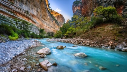 Naklejka premium A narrow, flowing body of water, smaller than a river, often found in natural settings with a gentle current.