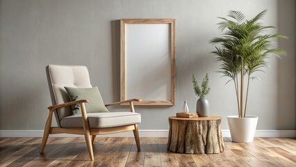 Cozy lounge chair paired with rustic wooden stump side table and empty blank mock-up frame in a serene and minimalist home interior setting.