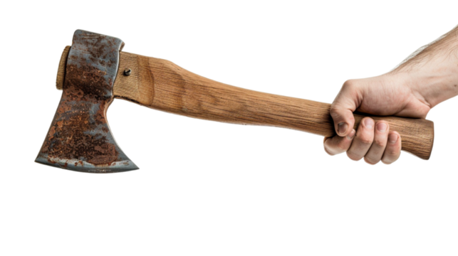 hand holding axe isolated on transparent background