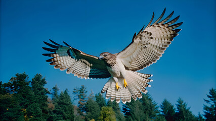 Fototapeta premium a hungry hawk soaring high above a dense forest