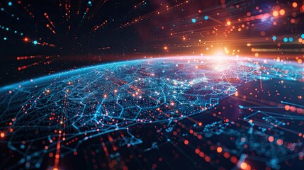 Obraz premium Global Network of Interconnected Data Points with a Glowing Earth in the Background