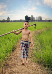 agriculture kid lifestyle asian holding hoe walking ridge to rice field daily life countryside emotional culture traditional farmer concept