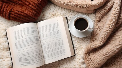 Flat lay composition with book, cup of coffee and warm clothes on fuzzy rug. Space for text