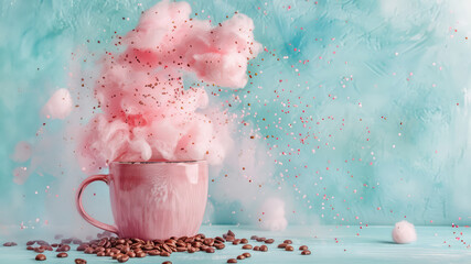 A whimsical coffee cup topped with fluffy pink cotton candy delights the senses. This playful, pastel treat offers a unique and photogenic cafe experience. Enjoy a creative, sugary beverage that stand