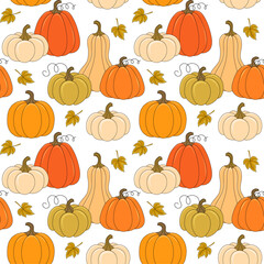 Seamless vector pattern of autumn ripe pumpkins and fall leaves on white background, design for textile print, wallpaper, packaging. 