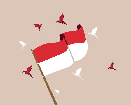 Waving flag of Indonesian Republic. Illustration of Asian country flag on flagpole
