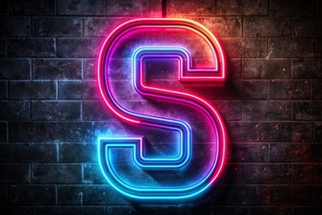 Alphabet capital letter S text, symbol $. Futuristic neon glowing symbol, logo on dark grunge background.