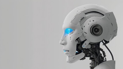 Striking portrait of an AI robot inside view with blue eyes against a white empty background. Copy space highlights future technology and the vision of a future world.