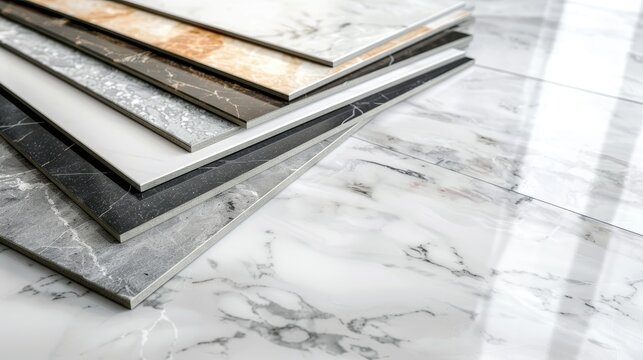 Sample stack of luxury vinyl floor tiles on white marble floor for interior design