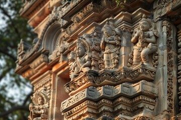 Fototapeta premium A Hindu temple featuring ornate carvings on the side of the building, Focus on the ornate carvings and decorations found on ancient temples
