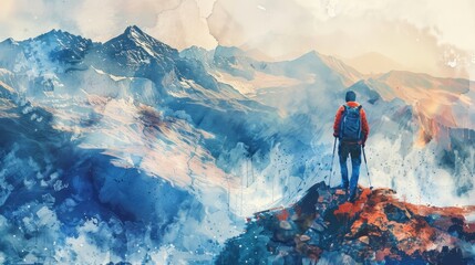 15. Mountain Hiking, movie style, bold colors, watercolor pattern, high angle, bright light, smoke, reflections,