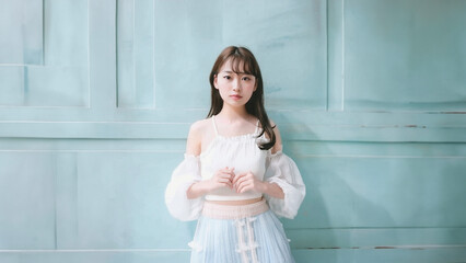 Young Japanese woman, long black hair, pale skin, wearing a simple white dress, graceful posture, mysterious smile