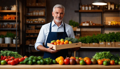 Obraz premium Seller of fresh farm vegetables and fruits behind the counter at the market in a fresh food store.