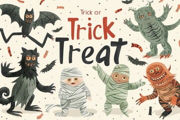 Naklejka premium Monster Mash Collage: A mix of friendly monsters, including mummies, vampires, and werewolves, having fun. The text 