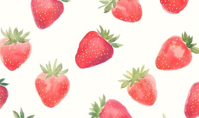 Seamless Pattern of simple small red strawberries and green lelf in Watercolor texture background , Generative AI