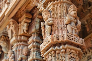 Fototapeta premium Pillars of Indian temple decorated with intricate carvings and designs, showcasing rich cultural heritage, Focus on the ornate carvings and decorations found on ancient temples