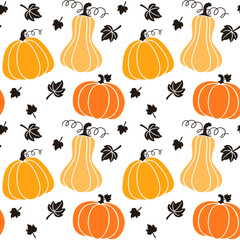 Seamless vector pattern of decorative pumpkins and fall leaves on white background, design for textile print, wallpaper, packaging. 