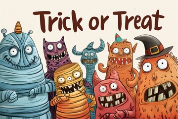 Obraz premium Monster Mash Collage: A mix of friendly monsters, including mummies, vampires, and werewolves, having fun. The text 