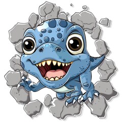 Fototapeta premium Blue Dinosaur Peeking Through Broken Wall