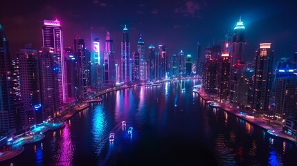 A vibrant and lively night cityscape featuring stunning reflective waters in its surroundings