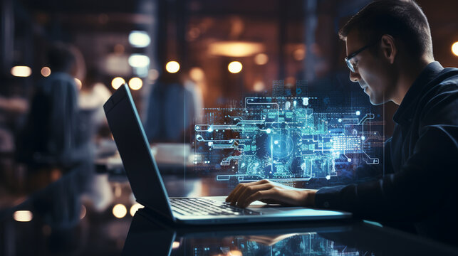 Digital technology, software development concept. Coding programmer, software engineer working on laptop with circuit board and javascript on virtual screen, internet of things IoT.