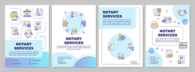 Notarization blue gradient brochure template. Signing document. Leaflet design with linear icons. Editable 4 vector layouts for presentation, annual reports. Arial-Bold, Myriad Pro-Regular fonts used