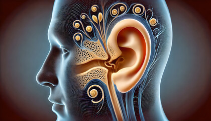 Ear anatomy and intricate details of the inner ear, Ear drum, Ossicles, Auditory nerve - c