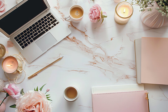 Flat lay laptop, a cup of coffee, notebook and a vase of flowers sit on a table. Concept of relaxation and productivity