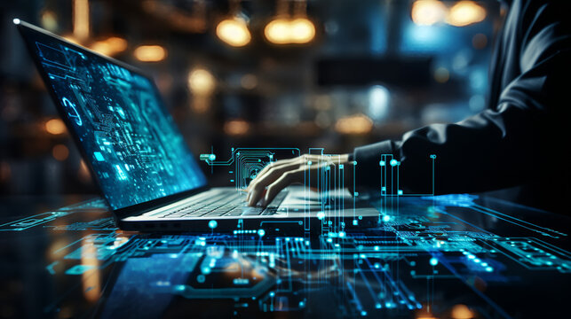 Digital technology, software development concept. Coding programmer, software engineer working on laptop with circuit board and javascript on virtual screen, internet of things IoT.