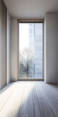 Fototapeta premium Large window in a luxury property room with minimal furniture and beige wall panels. Residential realty interiors with minimalist furniture.