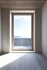 Fototapeta premium Large window in a luxury property room with minimal furniture and beige wall panels. Residential realty interiors with minimalist furniture.