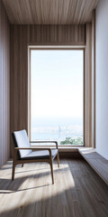 Fototapeta premium Large window in a luxury property room with minimal furniture and beige wall panels. Residential realty interiors with minimalist furniture.