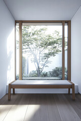 Fototapeta premium Large window in a luxury property room with minimal furniture and beige wall panels. Residential realty interiors with minimalist furniture.