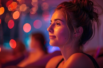 Woman relaxing in colorful ambient light at sauna